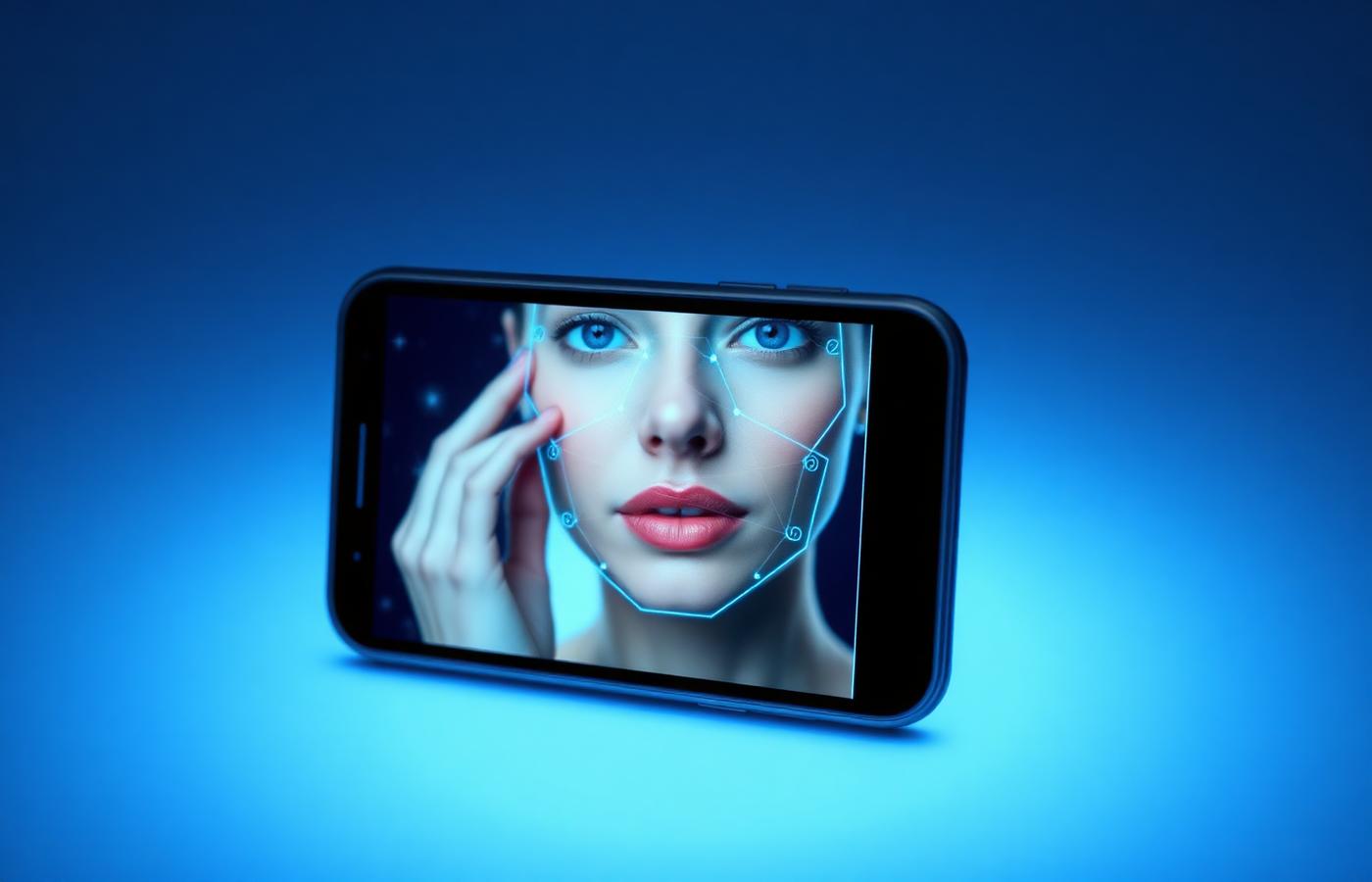 AI skin analysis on a smartphone scanning a face with tech overlay