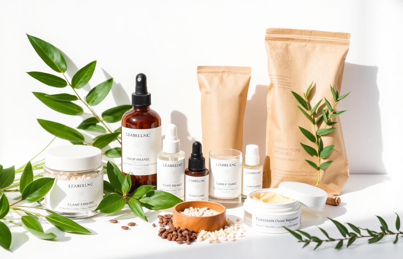 Sustainable clean beauty products with refillable glass containers and kraft packaging