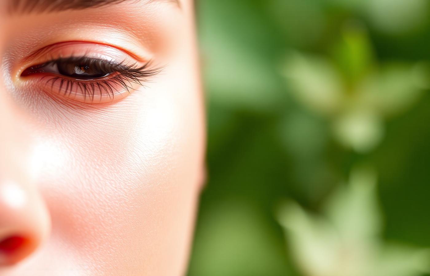 Close-up of healthy glowing skin with soft botanical background