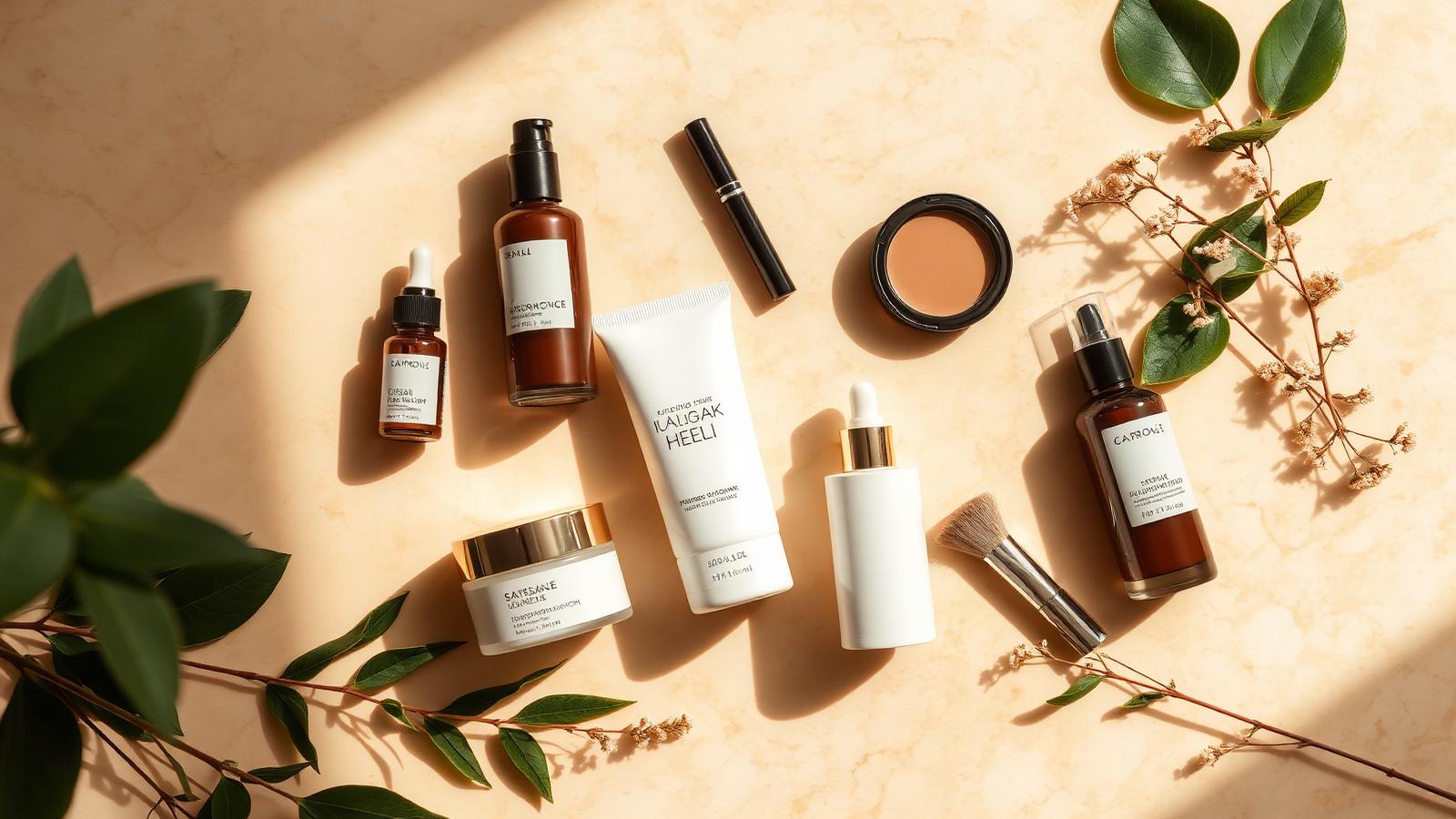 Editorial flat lay of 2026 beauty and skincare products with botanicals on marble