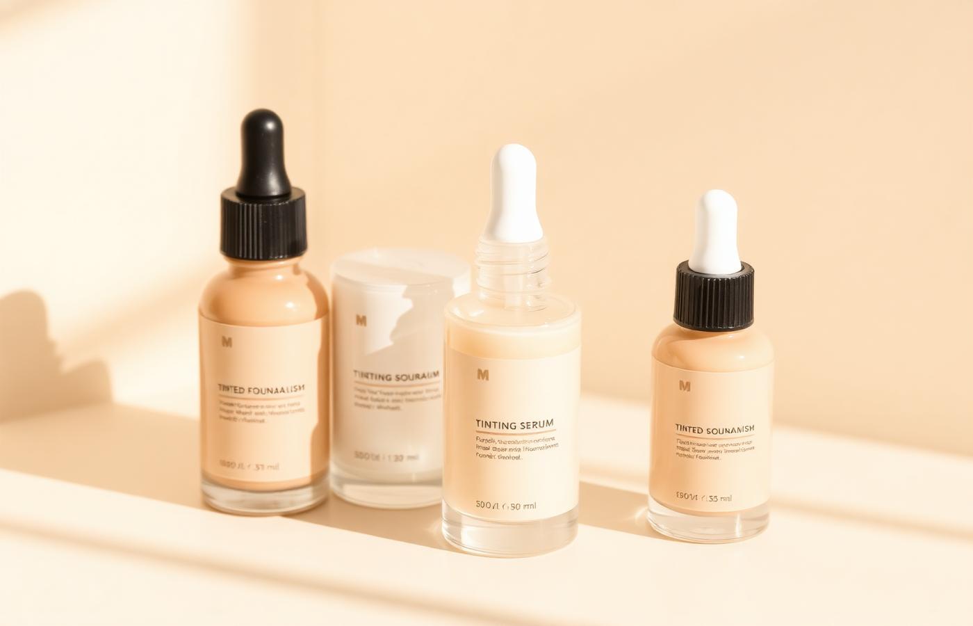 Tinted serum foundation bottles arranged in a minimalist skinimalism aesthetic