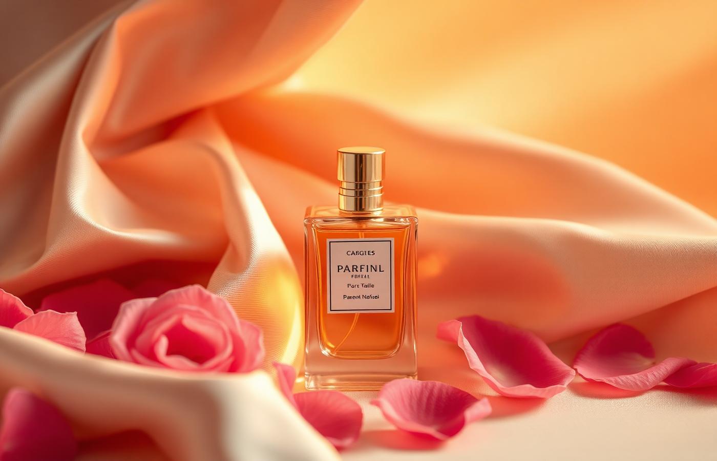 Luxury perfume bottle on silk fabric with rose petals, warm golden light
