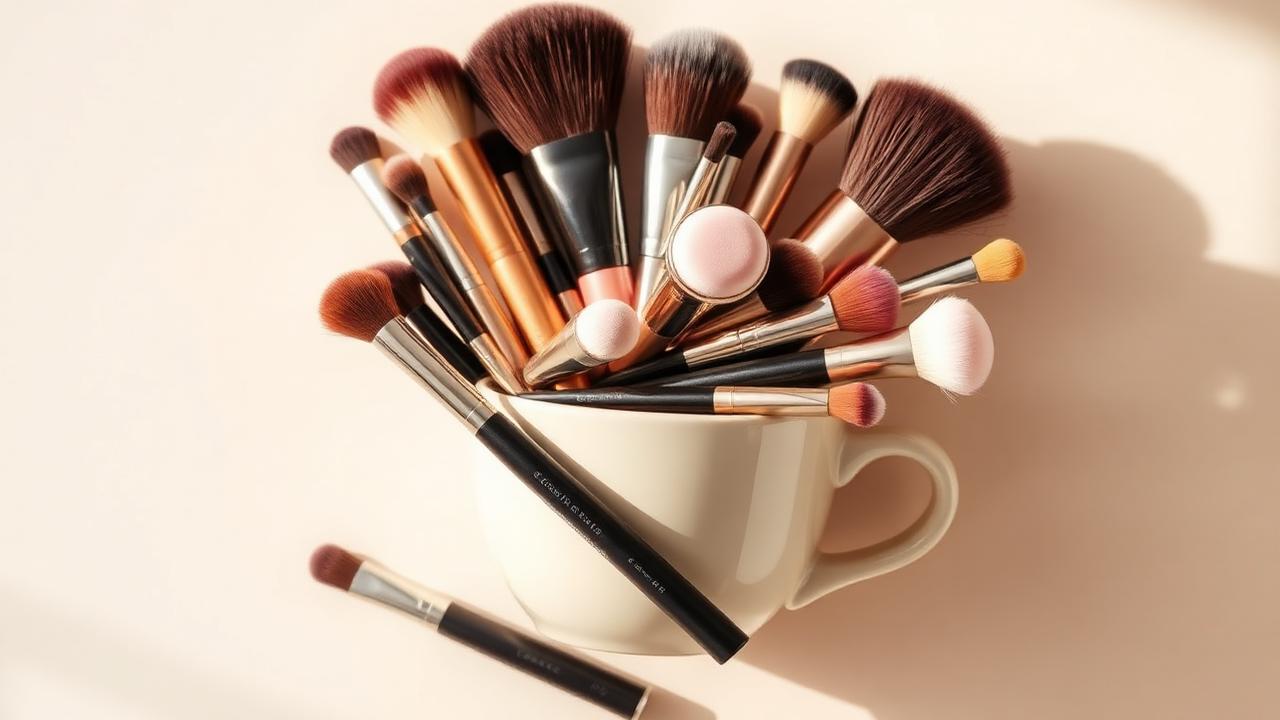 Makeup brushes arranged in a soft ceramic cup