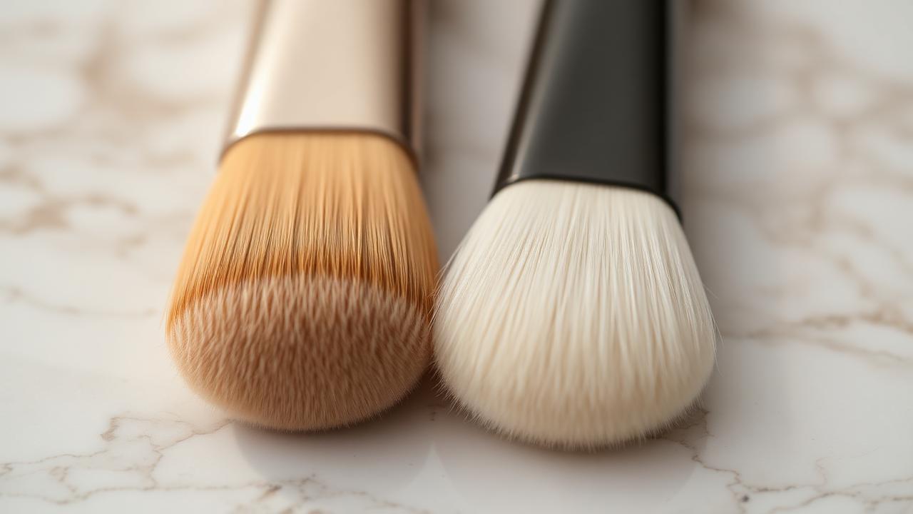 Synthetic and natural bristle makeup brushes side by side on marble