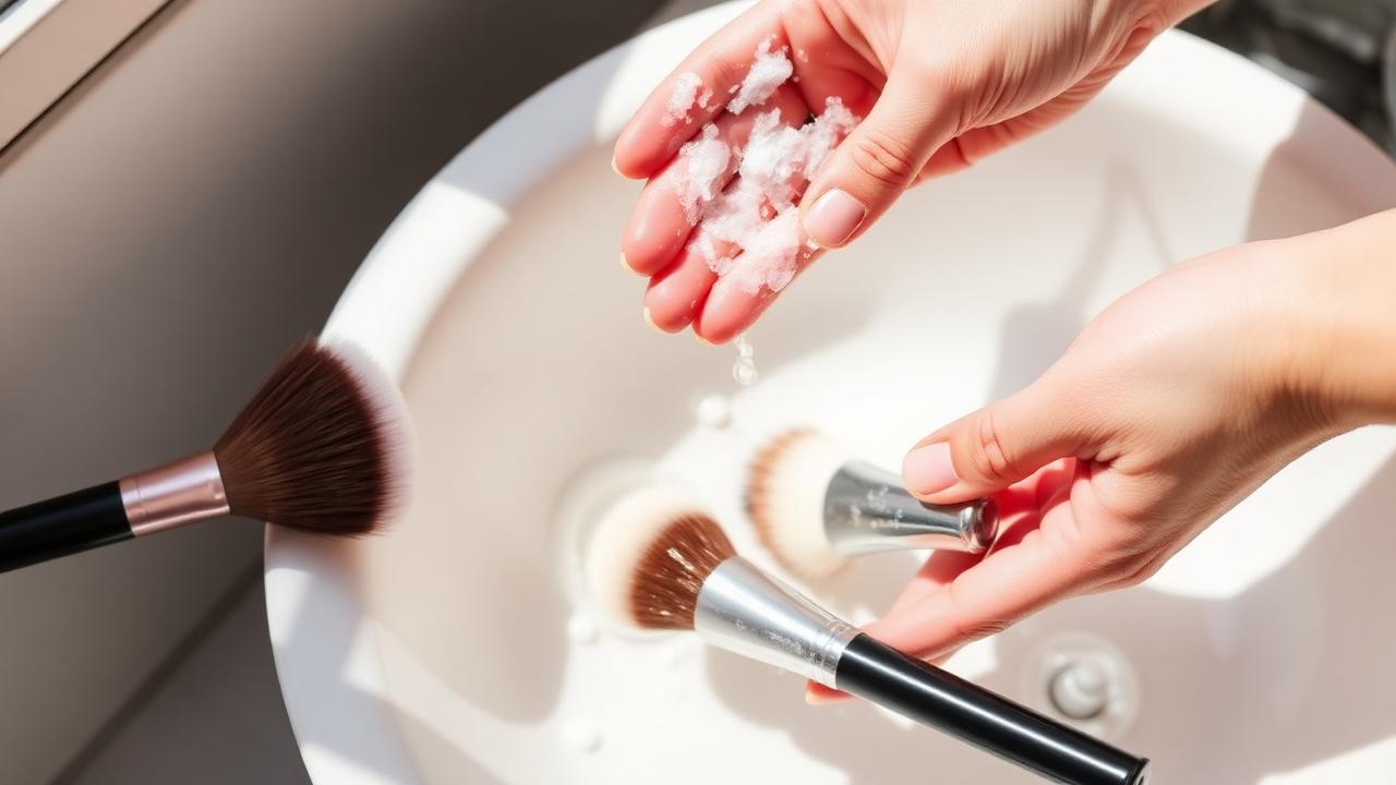 Hands gently washing makeup brushes over a white basin
