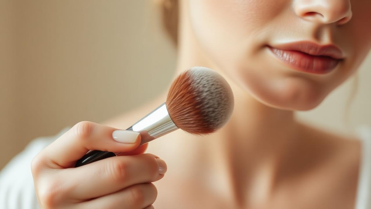 Close-up of a fluffy powder brush being held to the cheek