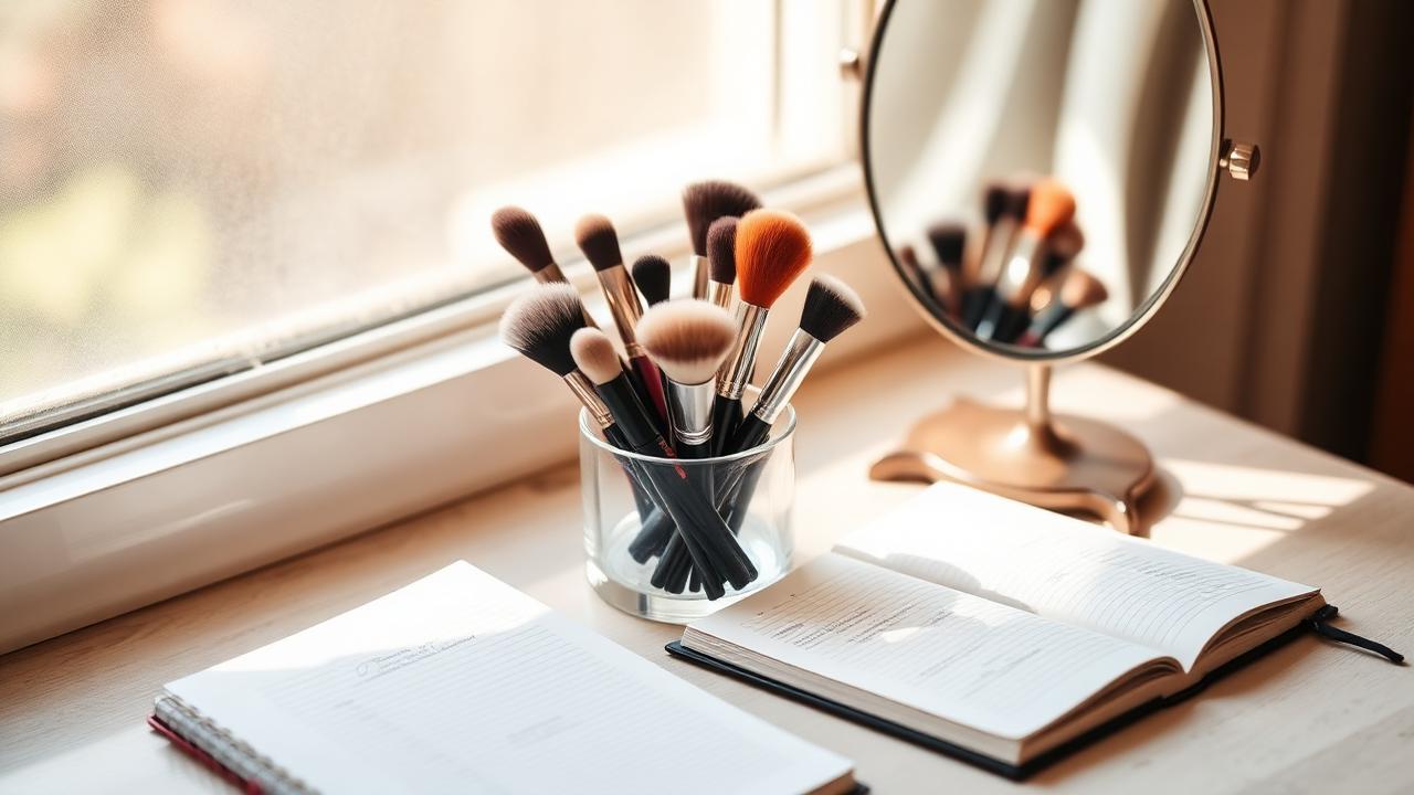 Neatly arranged makeup brushes on a sunlit vanity next to a mirror and notebook